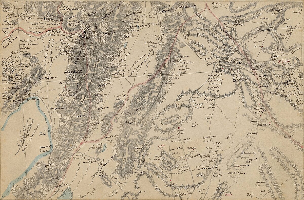 A geographical map showing the Kurd-Dagh highlands and Afrin river valley