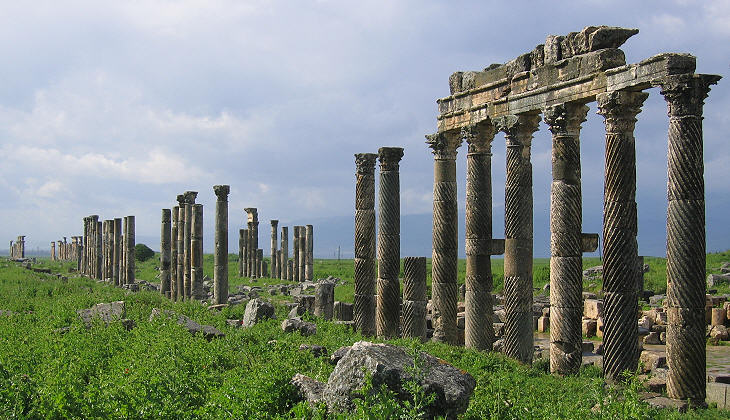 Weathered Roman columns standing in a field in Syria