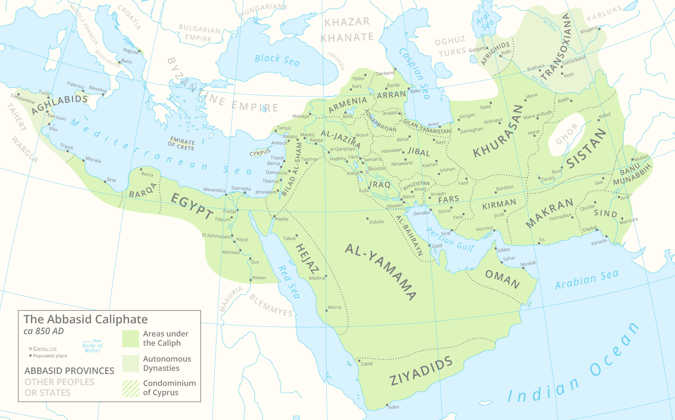 Map of the Abbasid Caliphate showing Baghdad's imperial position