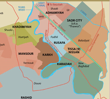 Administrative map of Baghdad showing districts including Kadhimiya, Adhamiya, Mansour, Karkh, Rusafa, Sadr City, Karrada, and Dora.