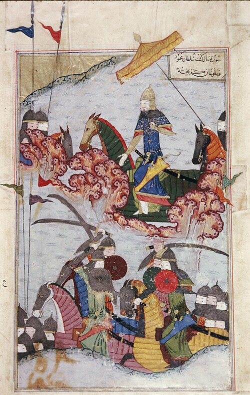Zafarnama manuscript image of soldiers marching before Timur
